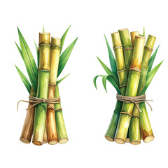 Obraz premium Two Bunches of Sugarcane Stalks Tied with Twine, Watercolor vector illutrastion transparent background