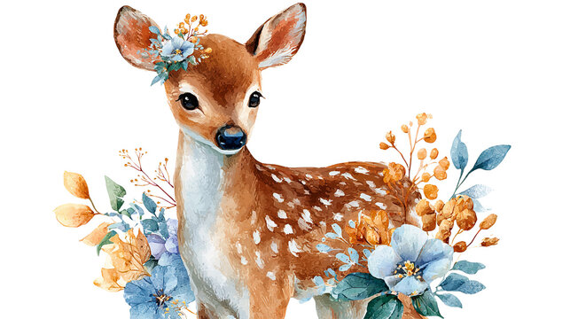 Watercolor fawn illustration featuring floral arrangement, painted fawn standing on white backdrop.