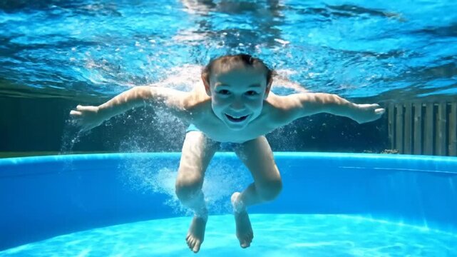 Happy boy dives underwater in a blue backyard pool enjoying summer vacation fun with a smile.