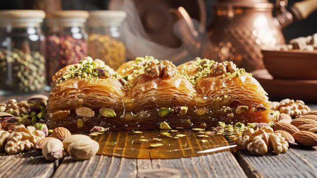 Delicious golden baklava pastry dessert with nuts, honey syrup dripping, and ingredients on wooden table