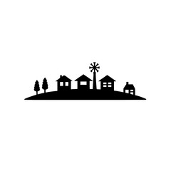 Suburban Neighborhood Silhouette Featuring Houses, Trees, Wind Turbine, Hills, and Eco-Friendly Residential Landscape Design