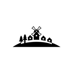Minimalist Windmill Icon on Hill with Buildings and Trees in Black and White Silhouette Style
