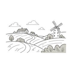 Rural Landscape Line Drawing Featuring Windmill, Houses, Hills, Trees, Path, and Peaceful Countryside Scene