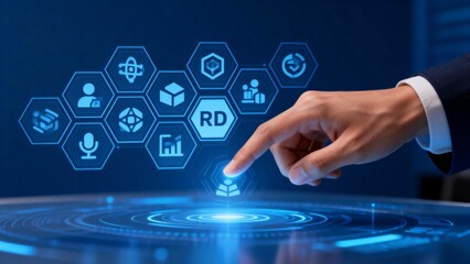 Hand interacting with digital icons on a futuristic interface