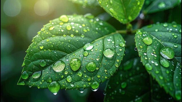 Hoja verde bajo la lluvia con movimiento natural provocado por gotas de agua, escena fresca y relajante