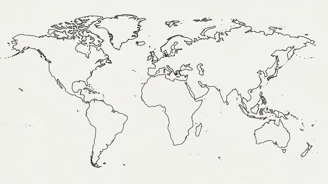 Outline of the world map - continents and countries in black and white line art