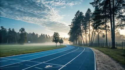 road in the forest, Empty running track with trees, early morning fitness mood