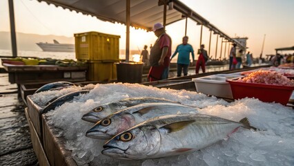 Fresh fish laid on crushed ice, vendors preparing stalls at dawn