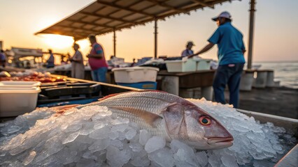 Fresh fish laid on crushed ice, vendors preparing stalls at dawn