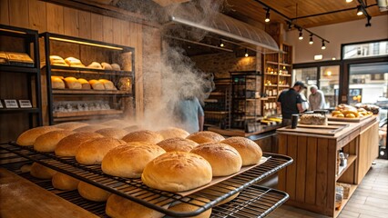 fresh baked bread, Fresh loaves cooling on racks, bakery scene