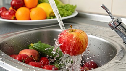Fruit being rinsed under water, food concept