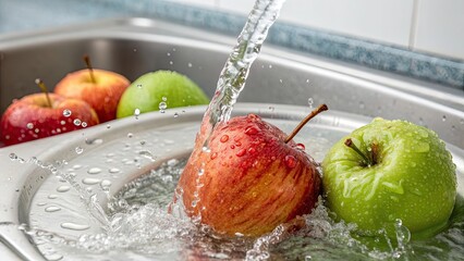 apples in water, Fruit being rinsed under water, food concept