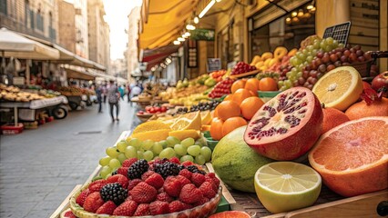 fruits and vegetables, Fruits cut and pressed, vibrant colors, healthy street food