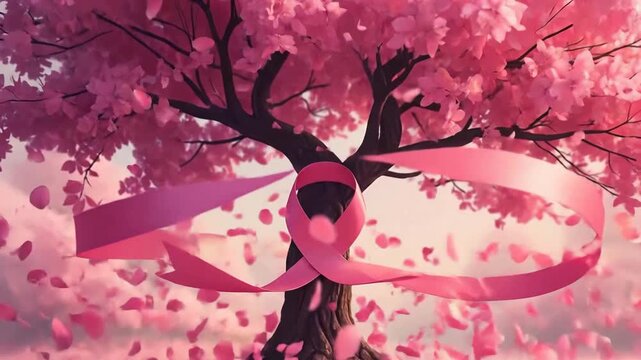 Pink ribbon encircles a flowering tree with falling petals, symbolizing hope and support.