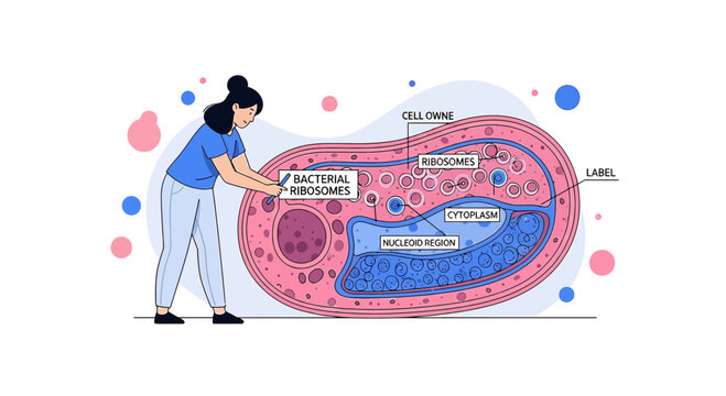 Visual representation of bacterial cell structure with a woman pointing to ribosomes and internal