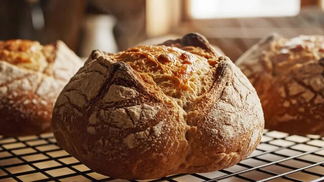 Freshly baked sourdough bread cooling on a wire rack, with steam rising and natural light, ready to eat