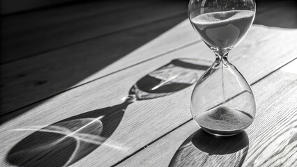 hourglass on wooden table, Glass hourglass casting shadow
