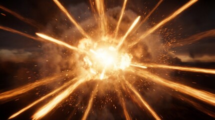 Fototapeta premium Intense Cinematic Radial Explosion. Bright Golden Light Burst with Fast Motion Energy Streaks and Burning Sparks against Dark Background. Powerful Abstract VFX Element.