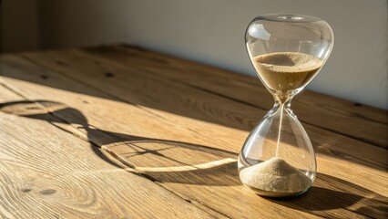 hourglass on wooden table, Glass hourglass casting shadow