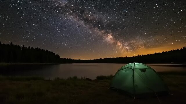 Night camping by the lake beneath the milky way galaxy offers stunning scenary and peaceful outdoor recreation