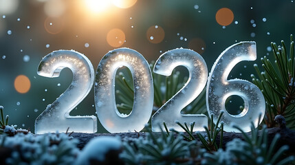 Frosted 2026 numbers on pine branches with bokeh lights