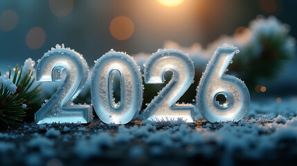 Frosted Ice Numbers 2026 with Snow and Bokeh Lights