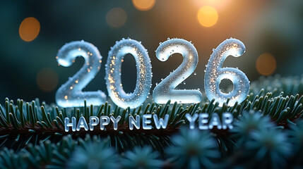 Frosted Ice Year 2026 and Happy New Year Greeting numbers