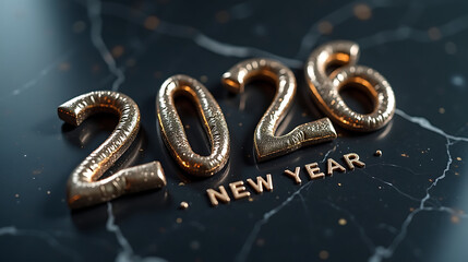 Golden 3D numbers 2026 and New Year text on marble background