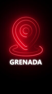 Red Neon Location Pin Icon Above Grenada Text on Black Background symbol