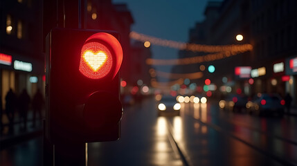 Heart Shaped Traffic Light In City At Night red light