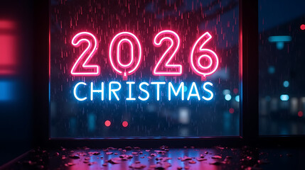 Neon Sign 2026 Christmas in Red and Blue Against Rainy Night Cityscape