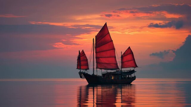 4K Traditional chinese junk boat with red sails sailing on calm water during a vibrant orange and pink sunset video