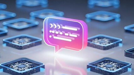 3D Chat Bubble Icon with Text on Glowing Glass Tiles for Social Media and AI Communication Concepts