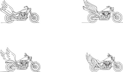 Motorcycle with wings one line drawing set for biker design