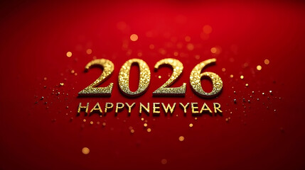Sparkling Golden Happy New Year 2026 on Red Surface Keywords: 2026, new year, happy new year
