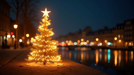 Spiral Christmas Tree With Lights By River At Night