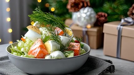 Holiday party food preparation with salad and gifts on a table during a celebration