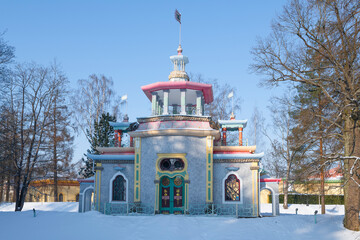 Ancient Squeaky (Chinese) gazebo on a sunny February day. Catherine Park in Tsarskoye Selo