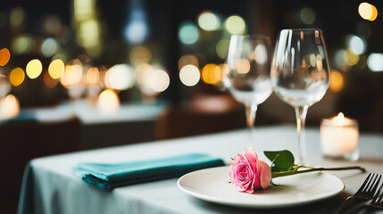 Romantic dinner table setting with rose and wine glasses at night