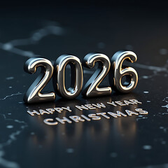3D metallic numbers 2026 with Happy New Year Christmas text