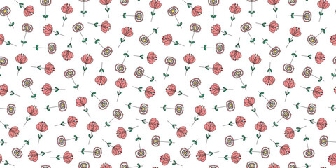 Seamless pattern with abstract, vibrant flowers and leaves. Simple plant drawings. Illustration, doodle. Outline icons. Repeating white background.