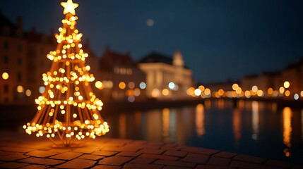 Decorated Christmas Tree With Star By River At Night