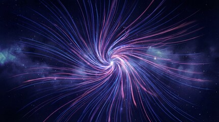 Abstract Hyperspace Wormhole Tunnel. Glowing pink and blue light streaks swirl through a dark cosmic starry background, representing futuristic data transfer, speed, or technology.