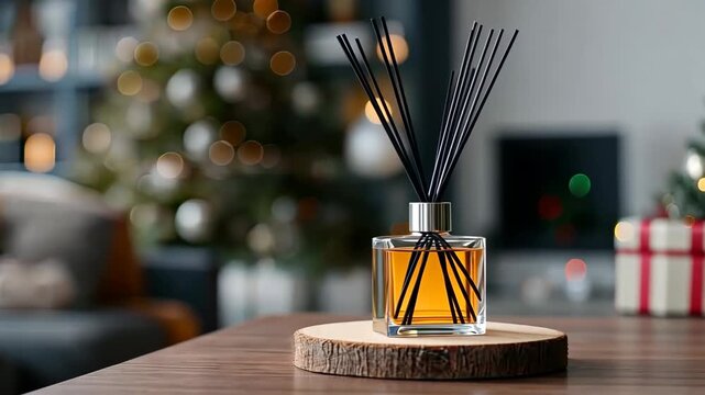 Capture of a reed diffuser on a coffee table with a blurred background of a decorated Christmas tree in a cozy living space