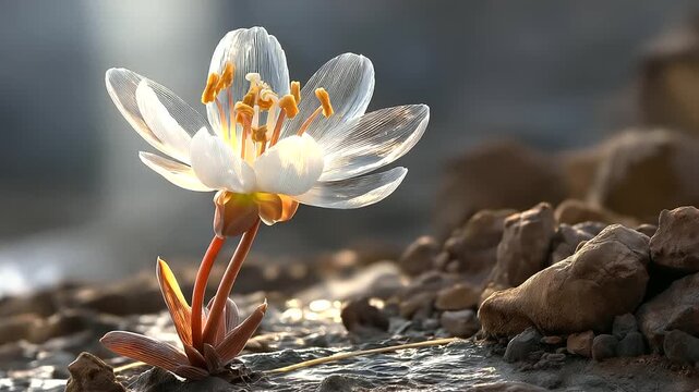 A botanist examining translucent desert flower blooming at night, petals glowing as lunar light refracts through waxy surfaces