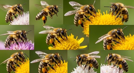 Bees Gathering Nectar - A Vibrant Collage of Pollination in Action.