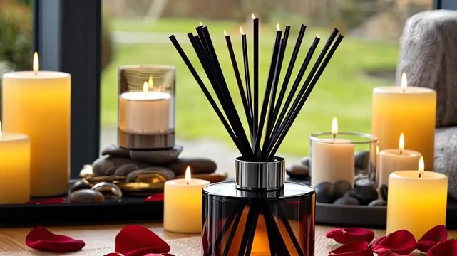 Relaxing aroma setup with candles and diffuser near stones and rose petals in a serene indoor environment during daylight