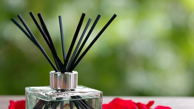 Fragrance diffuser with black sticks and rose petals on the table in a garden setting during daylight