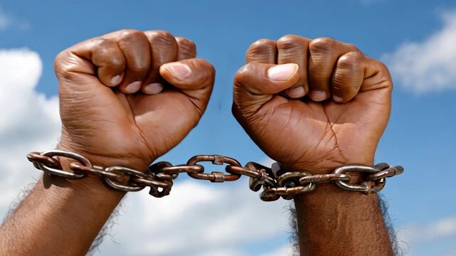 Hands in chains symbolize struggle for freedom in a clear blue sky