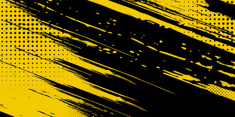 Abstract Black and Yellow Dirty Grunge Background with Halftone Effect. Sports Background with Brush Stroke Illustration concept art